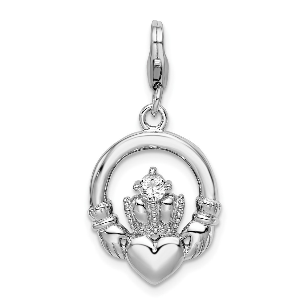 925 Sterling Silver Polished Clear CZ Claddagh Bracelet Charm Lobster Clasp